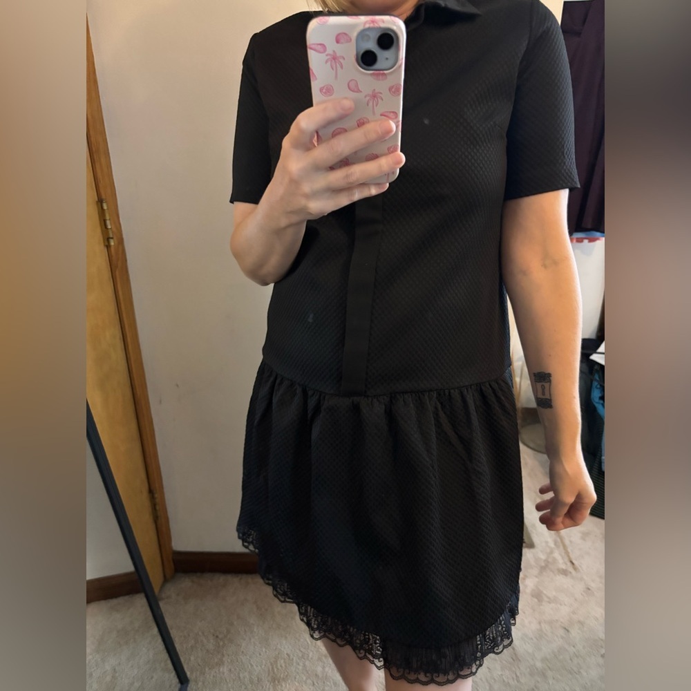Sandro Paris Black Textured Drop Waist Shirt Dress Lace Hem - Picture 7 of 10